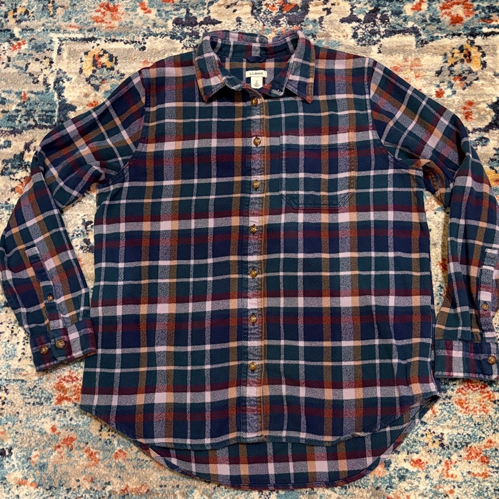 L.L. Bean Organic Cotton Plaid Flannel Shirt Small Women’s Blue Green purple EUC - Picture 13 of 13